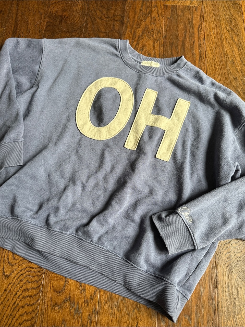 Light Blue Crewneck Sweatshirt with Cream 'OH' Appliqué